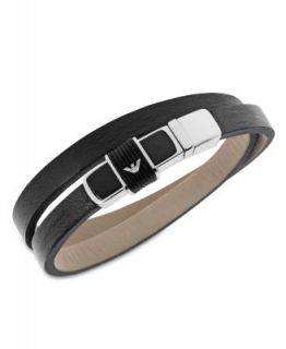 Emporio Armani Mens Bracelet, Black Leather and Polished Steel Logo