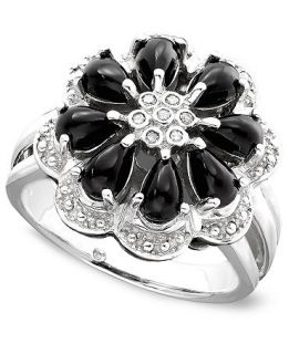 Sterling Silver Ring, Onyx and Diamond Accent Flower   FINE JEWELRY