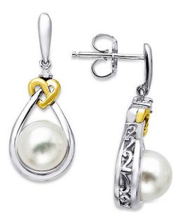 Pearl Earrings, Sterling Silver and 14k Gold Cultured Freshwater Pearl