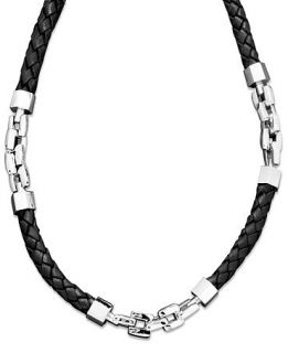 Mens Stainless Steel Necklace, Black Braided Leather Necklace