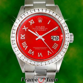 Rolex Mens Datejust Red Oyster Date Diamond Stainless Steel Roman