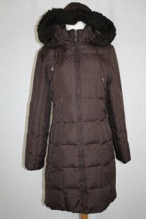 New Womens Michael Kors Brown Long Hooded Down Filled Puffy Jacket