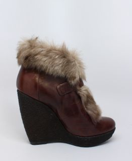 Michael Kors Lara Wedge Leather Faux Fur Metallic Logo Ankle Boot