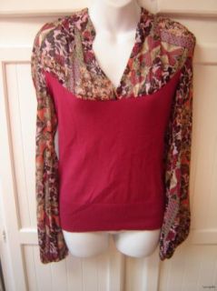 Michele Bohbot Sherr Floral Long Sleeves Raspberry Red Knit Top M