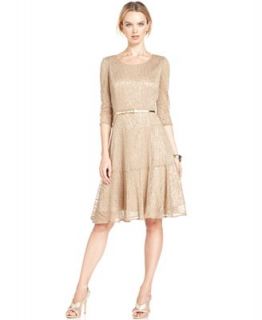 Evan Picone Dress, Three Quarter Sleeve Belted Lace A Line