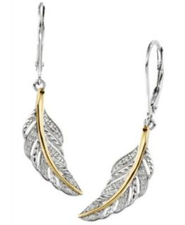 Diamond Earrings, 14k Gold and Sterling Silver Diamond Feather Drop