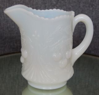 . Lovely Vintage Milk Glass Cherries Motif Handled Creamer / Milk