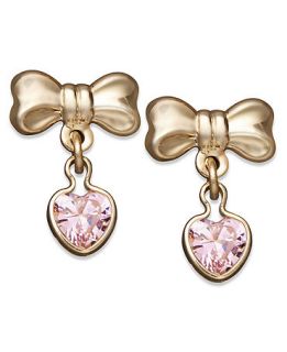 Childrens 14k Gold Earrings, Pink Cubic Zirconia Heart and Bow Drop