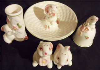 1983 84 Collection of Avon Easter Bunny Porcelain Shakers Vase Bell