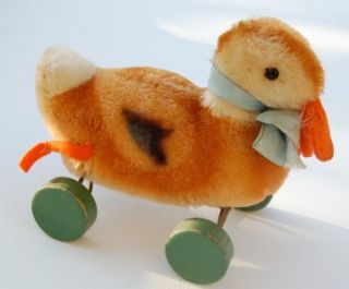 Vintage Steiff Mohair Duck on Wheels Pull Toy