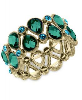 2028 Bracelet, Gold Tone Blue Zircon Green Glass Stretch Bracelet