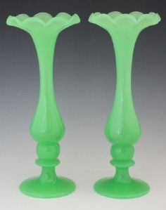 French Jade Green Opaline Glass Vases Flared Rims 