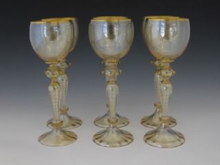 Very Fine Set of 6 Antique Austrian Crystal Wine Stems Glasses Amber