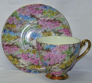 Vintage Shelley China Rock Garden Chintz Cup Saucer Gold Accents Great