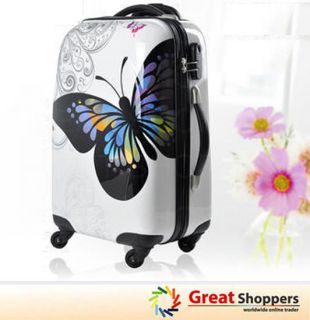 New Fashion Butterfly Pattern Trolley Luggage Travel Hard Case   White