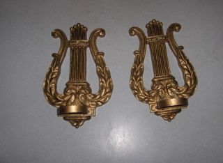 Pair Vintage Syroco Wood Candle Lyre Sconces Glass Candleholders Vases