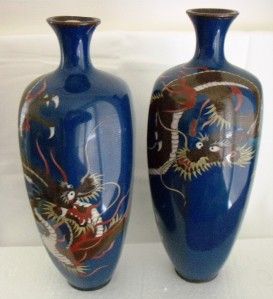 Stunning Pair of Japanese Hexagonal Cloisonne Enamel Vases Dragons