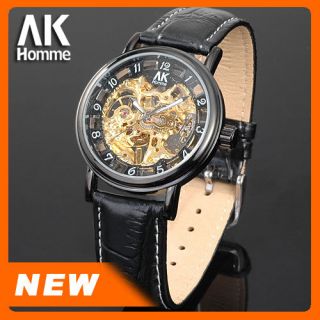NEU AK HOMME Mechanische Skelett Herren Uhr schwarze Leder Armbanduhr