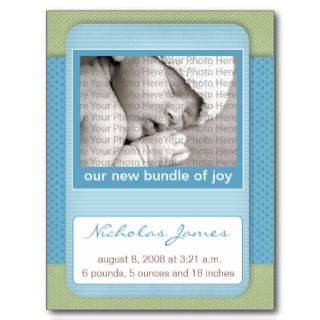 Baby Birth Announcement Blue Polka Dots Post Card