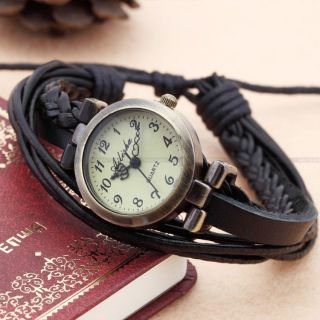 Elegante Damenuhr Fashion Armreif Quarz Uhr Leder Schwarz Armbanduhr