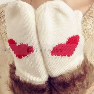 Handschuhe gestrickt Rotes Herz Muster Pelz warm Damen Mode Wolle NEU
