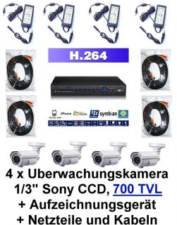 Videoüberwachung SET 1/3 Sony CCD 700TVL D1 H.264 2TB