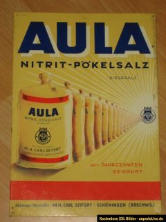 Altes Blechschild mit Reklame AULA Nitritpökelsalz, 36 x 25 cm, 50er