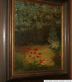 Gemälde Öl auf Leinwand Waldlandschaft mit Blumen sign. H. Wrobel