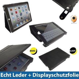 Schwarz Echtes Leder Tasche für Apple iPad 2 & 3 Neue 3te Generation