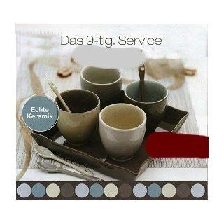 Designer Kaffee Service Becher mit Löffel auf Holztablett aus Keramik