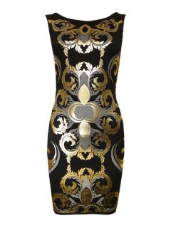 Damen Kleid Gold Folie Aufdruck Bodycon Reißverschluss Party Kleid