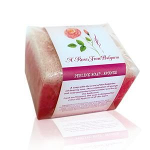 Peeling soap sponge for bath and shower, with rich cream foam and a