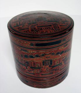 Lacquerware Betel Nut Box, Burma, Myanmar, in Black,Green,Orange and