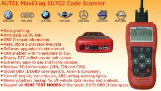 This brand new AUTEL MaxiDiag EU702 code scanner connects to vehicle