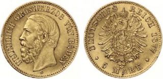 D141 J.185 Baden 5 Mark 1877 Friedrich I. 1856 1907 GOLD