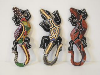3er Set Geckos Holz Punktmalerei Asien Dekoration 30cm