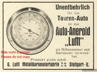 Barometer Auto Aneroid Lufft Orig. Reklame 1927 Metall Fabrik