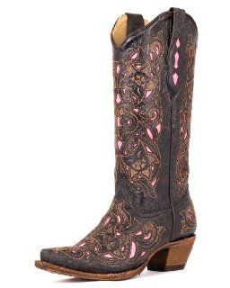 Womens Distressed Black/Brown Floral Pink Inlay Boots   A1953 Shoes