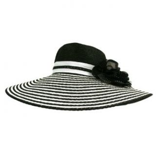 Black & White Floppy Wide Brim Sun Hat W/Black Flower