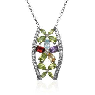 Sterling Silver Multi Gemstone and Diamond Flower Pendant