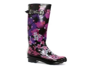 : Floral Print Black Wellies Womens Wellington Boots US Size 5: Shoes