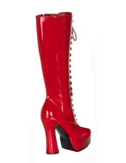 Red Chunky Heel Lace Up Knee Platfrom Boot   8 Clothing