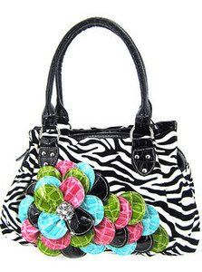 Gorgeous Raised Croc 3D Flower Zebra Purse Handbag Black