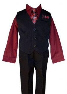 4 Piece Pinstripes Boys Vest Suit Tie with Burgundy Shirt