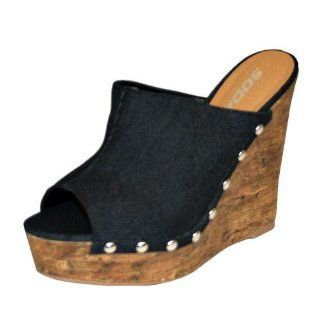Black Denim Cork Wedge High Heel Shoes Size 9.5 Shoes