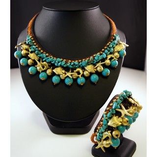 Handmade Turquoise and Brass Beads Necklace and Bracelet Set (Thailand
