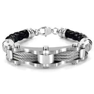 Stainless Steel and Black Leather Mens Cable Bracelet