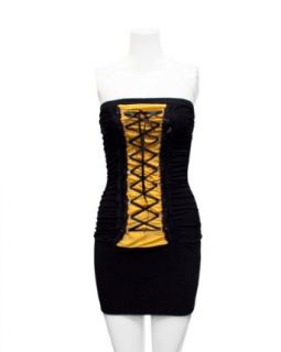 Ladies Yellow Black Corset Laced Style Strapless Dress