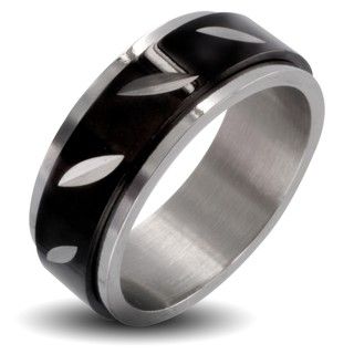 Polished Stainless Steel with Black Grooved Mens Spinner Ring