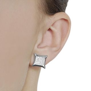 Silvertone Pave set Cubic Zirconia Concave Edge Square Earrings